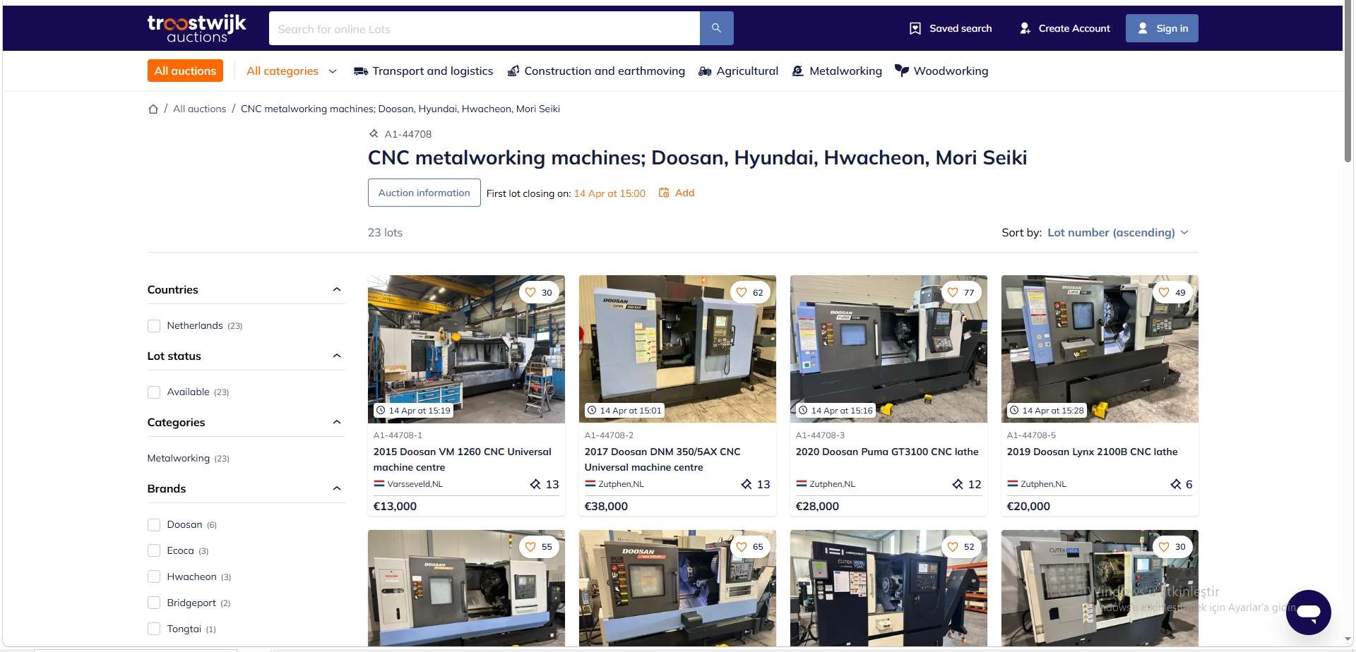 CNC Tezgâh Yatırımı İçin Fırsat: Doosan, Hyundai, Hwacheon ve Mori Seiki Makineler Açık Artırmada